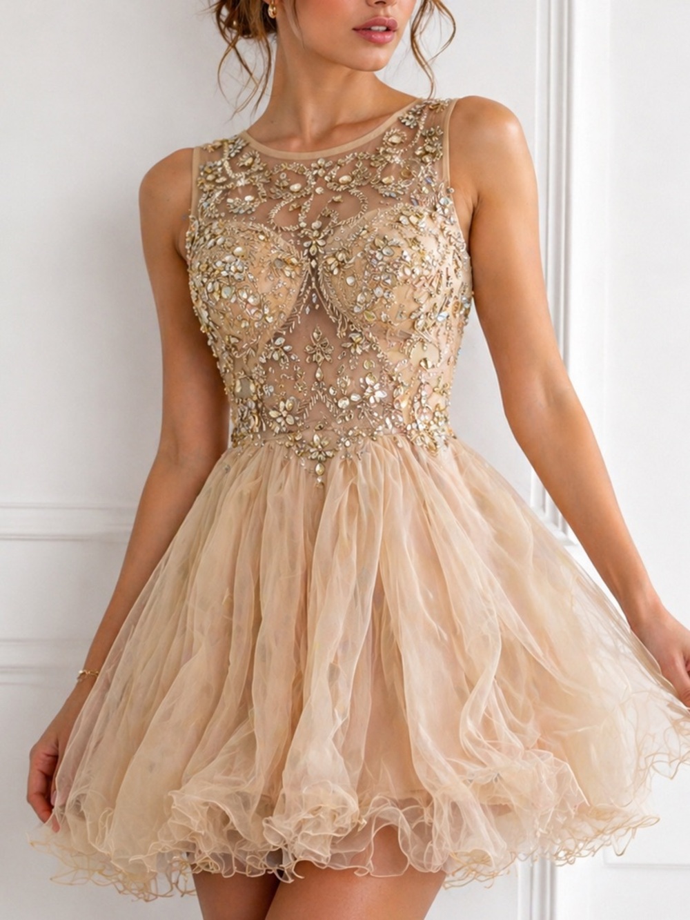 💎 MAY QUEEN Couture Champagne Beaded Illusion Formal Prom Princesscore Sz 8 M